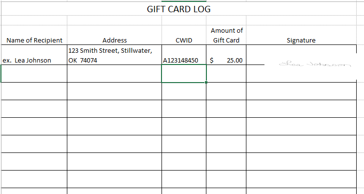 Gift Card Log Example